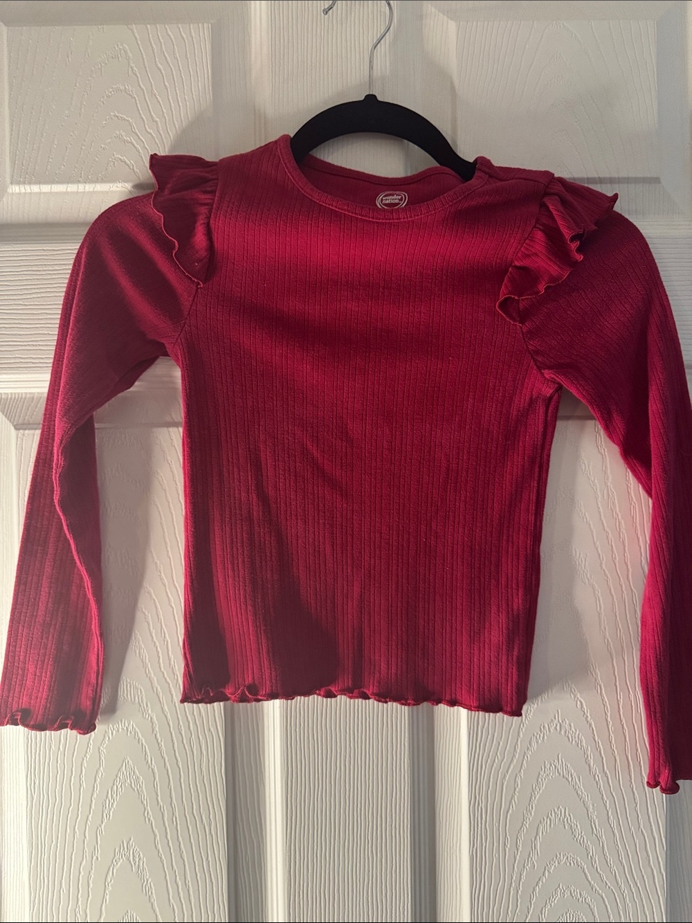 wonder nation Raspberry Red Ribbed Long Sleeve Top with Shoulder Ruffles